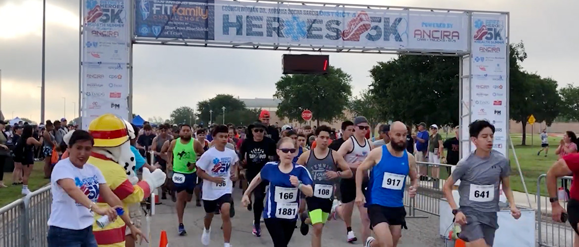 A group of runners participate in a 5K race